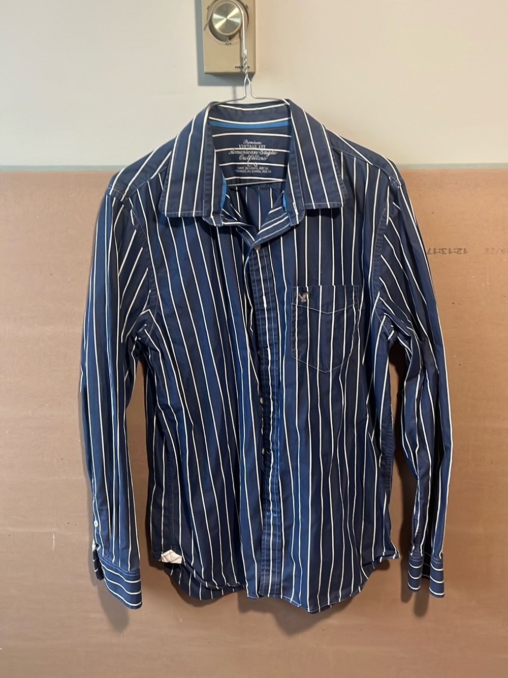 Men's American Eagle Navy Blue Vertical Stripe Button-Up Shirt